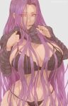  1girl absurdres black_bra black_panties bra breasts clothes_lift curvy fate/grand_order fate_(series) highres holding holding_eyewear huge_breasts kuromoro large_breasts long_hair medusa_(fate) navel panties purple_eyes purple_hair ribbed_sweater sweater sweater_lift turtleneck turtleneck_sweater underwear very_long_hair white_background 