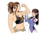  2girls bangs bare_shoulders black_shirt breasts brigitte_(overwatch) brown_hair crop_top d.va_(overwatch) facial_mark flexing hair_ornament hair_pulled_back hair_tie hairclip hands_on_another&#039;s_arm headphones long_hair looking_at_another medium_breasts midriff multiple_girls muscular muscular_female navel overwatch pilot_suit shirt shoulder_tattoo sidelocks smile tattoo upper_body vashperado whisker_markings white_background wide_ponytail 