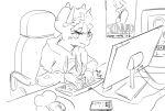  anthro bulge ceratopsian chair clothed clothing computer dinosaur english_text facial_horn female furniture goodbye_volcano_high hair hi_res hoodie horn keyboard monochrome ornithischian phone poster reptile scalie sitting sketch snoot_game_(fan_game) solo text topwear triceratops trish_(gvh) underwear unknown_artist 