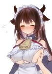  1girl azur_lane bell blush breast_grab breasts brown_hair closed_eyes cow_horns cowbell frills grabbing highres horns kashino_(azur_lane) large_breasts long_hair maid maid_headdress solo sweatdrop yueying_su_meng_ling 