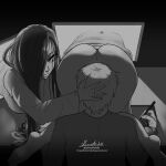  1boy 1girl all_fours artist_name ass between_buttocks black_hair breasts dark_background doktormalefic drawing_tablet face_in_ass greyscale gumroad_username hair_over_one_eye highres holding holding_stylus indoors large_breasts long_hair looking_at_another monitor monochrome on_table original signature sitting stylus table thighs through_screen wormhole yamamura_sadako 