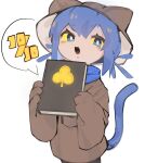  1other :o androgynous animal_ears animal_hands animal_hat bangs blue_eyes blue_hair blue_scarf book brown_headwear brown_shirt cat_ears cat_hat colored_sclera cowboy_shot fake_animal_ears gloves hat highres holding holding_book jianpan_xiafang_de_da_kongge looking_at_viewer niko_(oneshot) oneshot_(game) open_mouth paw_gloves scarf shirt simple_background solo white_background yellow_sclera 