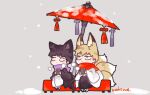  2boys animal_ears artist_name bangs bench black_coat black_hair black_kimono blonde_hair blunt_bangs bowl_cut cat_boy cat_ears cat_tail chibi coat cup fox_boy fox_ears fox_tail haori holding holding_cup japanese_clothes kageyama_shigeo kimono long_sleeves looking_away male_focus mob_psycho_100 mochinue multiple_boys multiple_tails purple_scarf red_scarf reigen_arataka scarf short_hair sitting snow snowing tabi tail tassel white_coat white_kimono wide_sleeves yunomi zouri 