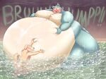 anthro bathing beastars belly big_belly canid canine canis domestic_dog duo fart fart_fetish hand_on_stomach hi_res hot_spring legoshi_(beastars) male male/male mammal morbidly_obese obese overweight senakun0530 size_difference water wolf 