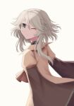  1other androgynous ascot black_sleeves brown_ascot brown_coat closed_mouth coat fox10991 grey_eyes grey_hair highres houlen_yabusame layered_sleeves len&#039;en long_sleeves looking_at_viewer looking_back one_eye_closed short_hair short_hair_with_long_locks short_over_long_sleeves short_sleeves smile solo white_background wide_sleeves 