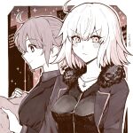  2girls ahoge aruti bangs blush breasts coat commentary_request fate/grand_order fate_(series) formal fujimaru_ritsuka_(female) fujimaru_ritsuka_(female)_(royal_brand) fur-trimmed_coat fur_trim greyscale hair_between_eyes highres holding holding_clothes holding_scarf jeanne_d&#039;arc_alter_(fate) jeanne_d&#039;arc_alter_(ver._shinjuku_1999)_(fate) jewelry long_sleeves medium_breasts monochrome multiple_girls necklace necktie open_clothes open_coat profile scarf short_hair suit twitter_username upper_body 