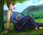  1girl arm_support bare_shoulders batako_(pixiv54063972) blue_sky bracelet breasts brown_hair chewing_gum chun-li curvy double_bun from_side grass hair_bun huge_breasts jewelry large_breasts mountain outdoors profile sitting sky solo spiked_bracelet spikes street_fighter thick_thighs thighs toeless_legwear tree 