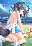  1girl animal_ears blue_archive blue_eyes cheerleader day dog_ears dog_tail goggles goggles_on_head hibiki_(blue_archive) hibiki_(cheerleader)_(blue_archive) highres kneeling looking_at_viewer looking_back on_ground open_mouth pleated_skirt pom_pom_(cheerleading) shoes skirt sky solo stadium tail umitonakai 