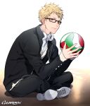  1boy ball black_jacket black_pants blonde_hair brown_eyes collared_shirt full_body gakuran gearous glasses haikyuu!! headphones holding holding_ball jacket light_smile long_sleeves looking_at_viewer male_focus pants school_uniform shirt shoes sitting solo tsukishima_kei vest volleyball white_footwear white_shirt white_vest 