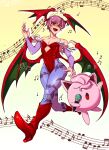  1girl animal_print bare_shoulders bat_print boots breasts bridal_gauntlets cleavage closed_eyes collarbone demon_wings detached_sleeves diamond_cutout fangs full_body hair_between_eyes head_wings highres holding holding_microphone jigglypuff leotard lilith_aensland medium_breasts microphone music musical_note open_mouth pantyhose pink_hair pokemon pokemon_(creature) print_pantyhose purple_pantyhose purple_sleeves red_eyes red_footwear red_leotard red_wings rozavamp short_hair singing smile staff_(music) strapless strapless_leotard vampire_(game) wings yellow_background 
