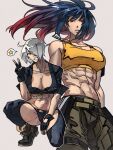  2girls abs angel_(kof) bangs black_gloves blue_eyes blue_hair boots breasts cleavage crop_top cropped_jacket earrings fingerless_gloves gloves hair_over_one_eye highres jacket jewelry large_breasts leather leather_jacket leona_heidern long_hair looking_at_viewer midriff multiple_girls muscular navel panties ponytail short_hair smile syachiiro tank_top the_king_of_fighters the_king_of_fighters_xv triangle_earrings underwear white_hair 