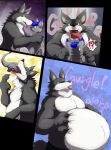  anthro belly big_belly blue_hair canid canine canis comic duo fur grey_body grey_fur hair hand_on_stomach hi_res male male/male mammal open_mouth oral_vore red_eyes rumbling_stomach shikizshigls tongue tongue_out vore white_body white_fur wolf 