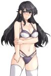  1girl absurdres alternate_costume angry ayra_(fire_emblem) bangs bare_shoulders black_hair blush bra breasts cleavage cowboy_shot earrings fire_emblem fire_emblem:_genealogy_of_the_holy_war highres holding_own_arm jewelry long_hair looking_at_viewer medium_breasts navel panties purple_eyes simple_background solo thighhighs thighs tridisart underwear 