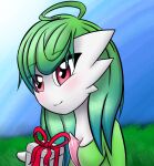  2022 ahoge ailin birthday_gift bust_portrait eye_through_hair female gardevoir generation_3_pokemon ghostth39 green_hair hair humanoid looking_at_viewer nintendo not_furry pokemon pokemon_(species) portrait red_eyes simple_background smile solo translucent translucent_hair video_games 