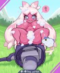  big_breasts breasts english_text female generation_9_pokemon humanoid looking_at_viewer marshort nintendo not_furry pink_body pokemon pokemon_(species) solo spread_legs spreading text tinkaton video_games 