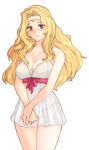  1girl alternate_costume bangs bare_shoulders blonde_hair blush bow breasts brown_eyes circlet cleavage cowboy_shot crossed_arms edain_(fire_emblem) fire_emblem fire_emblem:_genealogy_of_the_holy_war large_breasts long_hair open_mouth panties pink_bow see-through simple_background smile solo thighs tridisart underwear wavy_hair white_negligee 