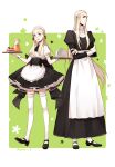  2boys alternate_costume apron aqua_eyes ascot black_ascot black_dress black_footwear black_skirt blonde_hair braid cake cherry collared_shirt crossdressing crossed_arms dated dress drink elf enmaided father_and_son food frilled_apron frilled_dress frills frown fruit full_body garter_straps green_background hair_slicked_back highres holding holding_tray juice juliet_sleeves legolas long_hair long_sleeves looking_at_viewer maid maid_apron maid_headdress male_focus mary_janes miniskirt multiple_boys pointy_ears puffy_short_sleeves puffy_sleeves ru_(famia) serving_dome shirt shoes short_sleeves side_braid skirt smile standing straight_hair the_lord_of_the_rings thighhighs thranduil tolkien&#039;s_legendarium tray w_arms waist_apron white_apron white_shirt white_thighhighs wrist_cuffs zettai_ryouiki 