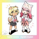  2girls :3 absurdres animal_ears black_skirt blonde_hair blush bow bowtie brown_footwear cat_ears cat_tail clothes_around_waist dated dog_ears dog_tail earrings gal_gamer_ni_homeraretai geshumaro gradient_border gradient_hair gyaru hair_ornament hairclip highres jacket jacket_around_waist jewelry kemonomimi_mode kogal kunioka_yuu long_hair looking_at_viewer loose_socks miniskirt multicolored_hair multiple_girls notice_lines pink_bow pink_bowtie pink_eyes pink_hair pleated_skirt school_uniform shirt shoes short_hair signature skirt sleeves_rolled_up smile smug socks suzuki_rion tail white_shirt white_socks 