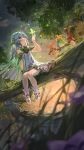  1girl absurdres arakavi_(genshin_impact) arama_(genshin_impact) aranara_(genshin_impact) arapandu_(genshin_impact) bangs blurry blurry_foreground braid bug butterfly cape closed_mouth cloud commentary creature crystalfly_(genshin_impact) dress fallen_tree genshin_impact green_eyes hair_ornament highres leaf_hair_ornament long_hair nahida_(genshin_impact) scenery sleeveless sleeveless_dress smile stirrup_footwear sunset tree white_dress white_footwear white_hair wide_shot yu_hydra 