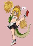  1girl absurdres arm_up armlet backpack bag bike_shorts blonde_hair blue_eyes blush bowsette_jr. cheerleader full_body grin heart highres long_hair looking_at_viewer mario_(series) mayo_(user_evax7887) navel pom_pom_(cheerleading) ponytail sharp_teeth skirt smile solo spiked_anklet spiked_armlet spoken_heart standing standing_on_one_leg strapless super_crown tail teeth tube_top white_skirt white_tube_top 