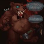  abdominal_bulge absurd_res anthro balls belly big_belly bodily_fluids bow_tie brown_body brown_fur drooling five_nights_at_freddy&#039;s freddy_(fnaf) fur genitals gutsybeast hi_res horror_(theme) machine male mammal muscular muscular_male open_mouth penis robot rumbling_stomach saliva same_size_vore scottgames tongue tongue_out ursid video_games vore 