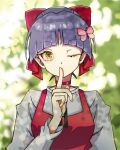  1girl black_ribbon blurry blurry_background bow bug butterfly butterfly_hair_ornament choker dress finger_to_mouth gegege_no_kitarou hair_bow hair_ornament nekomusume nekomusume_(gegege_no_kitarou_6) one_eye_closed osakanaotoko pinafore_dress pink_butterfly purple_hair red_bow red_choker red_dress ribbon solo yellow_eyes 