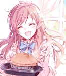  1girl 6_(yuchae) ^_^ ^o^ antenna_hair blue_ribbon blush bread brown_hair closed_eyes floating_hair food holding holding_tray idolmaster idolmaster_cinderella_girls long_hair neck_ribbon oven_mitts ribbon smile solo steam straight_hair tray tsujino_akari upper_body very_long_hair 