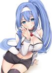  1girl black_shorts black_thighhighs blue_eyes blue_hair breasts character_request cleavage copyright_request grin hairband highres large_breasts long_hair looking_at_viewer navel ponytail ry_thae shorts simple_background smile solo thighhighs w white_background white_hairband 