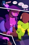  2022 4_fingers anthro big_breasts breasts brown_hair chubby_anthro chubby_female clothing comic deltarune duo english_text erection female fingers hair hi_res human jacket kris_(deltarune) lizard male male/female mammal navel purple_body reptile scalie susie_(deltarune) svarzye teeth text topwear undertale_(series) video_games 