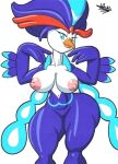  anthro beak blue_body blue_eyes breasts female genitals hi_res looking_at_viewer nintendo nipples pokemon pokemon_(species) pokemorph pussy quaquaval simple_background solo tansau thick_thighs video_games white_background 