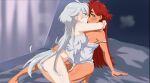  2girls absurdres aqua_eyes bed blush grey_eyes grey_hair gundam gundam_suisei_no_majo highres hug imminent_kiss long_hair miorine_rembran multiple_girls off_shoulder or2_(sahr7857) pajamas panties red_hair suletta_mercury underwear yuri 