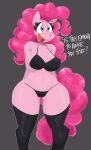  anthro anthrofied big_breasts black_bra black_clothing black_panties black_underwear blue_eyes bra breasts clothing collarbone dialogue digital_media_(artwork) earth_pony equid equine eyelashes female flutterthrash friendship_is_magic hair hasbro hi_res horse legwear long_hair mammal my_little_pony open_mouth open_smile panties pink_body pink_hair pink_tail pinkie_pie_(mlp) pony simple_background smile stockings thick_thighs underwear wide_hips 