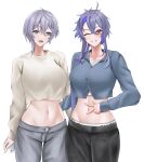  2girls :d azur_lane bangs bellona_(azur_lane) black_pants breasts cellphone commentary_request cowboy_shot crop_top crop_top_overhang foch_(azur_lane) grey_eyes grey_hair grey_pants grey_shirt grin hair_between_eyes highres holding holding_phone jakqbigone large_breasts long_hair long_sleeves looking_at_viewer midriff multiple_girls nail_polish navel one_eye_closed open_mouth pants phone pink_eyes purple_nails shirt short_hair simple_background smartphone smile standing stomach very_long_hair w white_background 