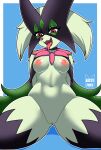  anthro bitsyfoxy breasts female generation_9_pokemon genitals green_body hi_res looking_at_viewer meowscarada nintendo nipples pokemon pokemon_(species) pussy red_eyes solo spread_legs spreading tongue tongue_out video_games 