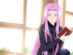  14_riatsu 1girl black_sweater blush fate/grand_order fate/stay_night fate_(series) highres holding long_hair looking_at_viewer medusa_(fate) medusa_(rider)_(fate) purple_eyes sitting smile sweater type-moon window 