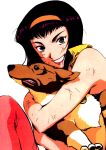  canid canine canis cowboy_bebop domestic_dog ein_(cowboy_bebop) embrace faye_valentine female green_eyes herding_dog hi_res hug human lipstick looking_at_viewer makeup male mammal official_art orange_hairband pastoral_dog simple_background smile welsh_corgi white_background 