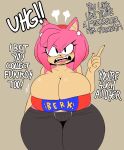  2022 absurd_res amy_rose anthro berkthejerk big_breasts bottomwear breasts clothed clothing dialogue english_text eulipotyphlan female hedgehog hi_res huge_breasts looking_at_viewer mammal sega solo sonic_the_hedgehog_(series) talking_to_viewer teeth text topwear 