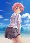  1girl beach blue_sky closed_mouth cloud day houjou_kuniko looking_at_viewer ocean outdoors panda_shizuku pink_hair pleated_skirt purple_eyes school_uniform shangri-la short_hair skirt sky smile solo standing 