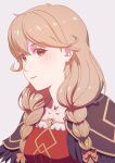  1girl aduti_momoyama bangs black_feathers bow braid brown_eyes closed_mouth collarbone eyelashes faye_(fire_emblem) feather_trim feathers fire_emblem fire_emblem_echoes:_shadows_of_valentia fire_emblem_heroes grey_background hair_between_eyes hair_bow highres light_brown_hair long_hair multiple_hair_bows pink_bow simple_background smile solo twin_braids upper_body 