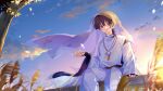  1boy bangs black_hair black_ribbon blurry blurry_foreground cloud commentary_request depth_of_field feathers feet_out_of_frame genshin_impact gradient_sky grass hand_up highres japanese_clothes jewelry ling_yu_xiaoyan long_sleeves looking_at_viewer male_focus necklace outdoors pants parted_bangs parted_lips pom_pom_(clothes) purple_eyes purple_shirt rainbow red_ribbon ribbon scaramouche_(genshin_impact) scaramouche_(kabukimono)_(genshin_impact) shirt short_hair sitting sky solo sunlight sunset tree veil vest white_pants white_vest wide_sleeves 