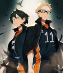  2boys absurdres antenna_hair bird black_hair black_jacket brown_eyes cowboy_shot crow feathers haikyuu!! highres jacket karasuno_volleyball_uniform looking_at_viewer male_focus miyukiyo multiple_boys parted_lips short_hair sportswear standing tsukishima_kei volleyball_uniform yamaguchi_tadashi 