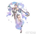  1girl breasts damaged fire_emblem fire_emblem_heroes floating floating_object full_body gradient_clothes large_breasts multicolored_eyes multicolored_hair official_art open_pants pants seidr_(fire_emblem) short_hair solo thick_thighs thigh_strap thighs torn_clothes weapon yoshiku_(oden-usagi) 