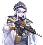 1girl 1z10 ammunition_pouch assault_rifle bangs beanie commentary_request eotech facial_mark finger_to_mouth girls&#039;_frontline girls&#039;_frontline_neural_cloud gloves green_eyes gun h&amp;k_hk416 hair_ornament hat highres hk416_(girls&#039;_frontline) jacket long_hair looking_at_viewer open_clothes open_jacket pouch rifle shushing simple_background solo suppressor trigger_discipline upper_body vertical_foregrip weapon white_background white_hair white_jacket 