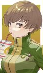  1girl badge breasts brown_eyes brown_hair button_badge cup drinking drinking_straw green_jacket highres holding holding_cup jacket medium_breasts murata_tefu persona persona_4 satonaka_chie short_hair solo track_jacket 