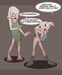  absurd_res balls clothed clothing dialogue dobby_(harry_potter) duo elf erection erection_under_clothing footwear genitals hi_res house_elf humanoid kreacher_(harry_potter) male male/male nipples penis rysker_(artist) seductive shirt socks tank_top topwear 