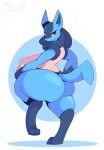  angry anthro big_breasts big_butt blue_body blush bodily_fluids breast_expansion breasts butt expansion female generation_4_pokemon hi_res huge_breasts huge_butt hyper hyper_breasts lucario nintendo on_one_leg pixcello pokemon pokemon_(species) red_eyes signature solo standing sweat sweatdrop thick_thighs video_games 