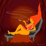  absurd_res adventure_time areola areola_slip big_breasts breasts cartoon_network cleavage clothed clothing curvy_figure dot_eyes dress elemental_creature female fire fire_creature flame_princess hair hi_res humanoid lying navel nipple_outline not_furry on_back orange_body organs red_clothing red_dress seductive smoke smoking smoking_pipe solo stomach supermoonshroom text watermark 