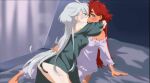  2girls absurdres aqua_eyes bed blush grey_eyes grey_hair gundam gundam_suisei_no_majo highres hug imminent_kiss long_hair miorine_rembran multiple_girls off_shoulder or2_(sahr7857) pajamas panties red_hair suletta_mercury underwear yuri 