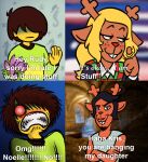  5_fingers anthro antlers bashful blonde_hair blush buckteeth capreoline caught caught_off_guard cervid checkered_clothing clenched_teeth clothing collared_shirt deltarune dialogue doe_with_antlers embarrassed empty_eyes expressionless facial_hair female fingers flower freckles glowing glowing_eyes grimace hair hair_over_eyes hmofa horn hotel_transylvania human humor killb94_(artist) kris_(deltarune) long_hair looking_at_viewer looking_away male male/female mammal meme mustache no_irises noelle_holiday obscured_eyes pattern_clothing pattern_sweater pattern_topwear plant red_eyes red_nose reindeer rudolph_holiday scared scared_shitless sharp_teeth shocked short_hair smile smug solo striped_clothing striped_sweater striped_topwear stripes sudden surprise sweater teeth text topwear touching_hair twirling_hair undertale_(series) video_games 