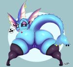  &lt;3 absurd_res anthro bent_over big_butt blue_sclera butt clothing condom condom_in_mouth condom_wrapper eeveelution female fishnet fishnet_legwear furgonomics furry-specific_piercing generation_1_pokemon genitals hi_res huge_butt huge_hips huge_thighs legwear looking_at_viewer looking_back nintendo nude piercing pokemon pokemon_(species) pussy sexual_barrier_device solo speech_bubble tail_piercing thick_thighs tibbs vaporeon video_games white_eyes wide_hips 